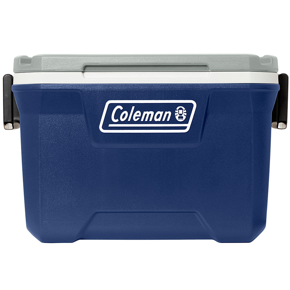 Caixa Térmica 49L Lakeside Coleman azul com alças laterais, capacidade para 80 latas, ideal para eventos e transporte efetivo.