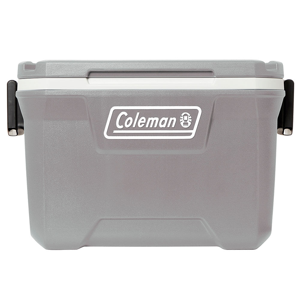 Caixa Térmica 49L Lakeside Coleman cinza com alças laterais, capacidade para 80 latas, ideal para transporte prático e seguro.