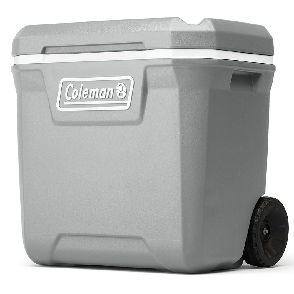 Caixa Térmica com Rodas 61,5L cinza, isolamento PU para conservação térmica prolongada, ideal para alimentos e bebidas.