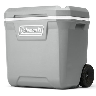 Caixa Térmica com Rodas 61,5L cinza, isolamento PU para conservação térmica prolongada, ideal para alimentos e bebidas.