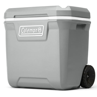 Caixa Térmica com Rodas 61,5L cinza, isolamento PU para conservação térmica prolongada, ideal para alimentos e bebidas.