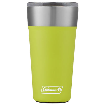 Copo Térmico Coleman com Tampa 600ml verde, base emborrachada, ideal para festas com abridor de garrafas integrado, praticidade e segurança.