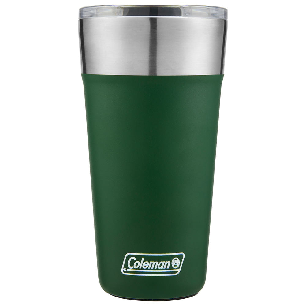 Copo Térmico Coleman com Tampa 600ml verde emborrachado com tampa prateada, ideal para segurança e praticidade.