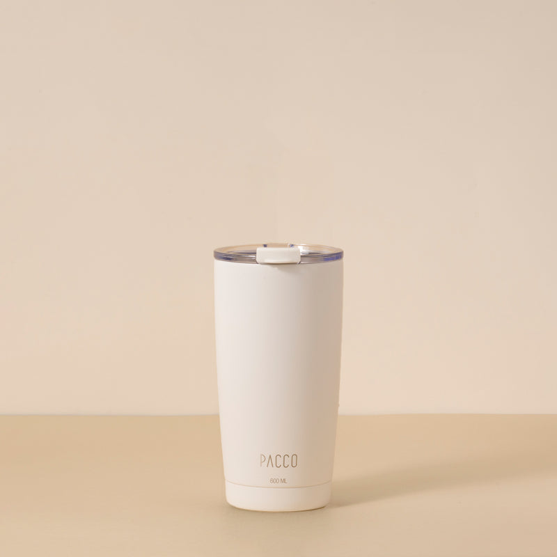Copo Térmico PACCO ThermoCup 600ml branco com isolamento a vácuo para bebidas quentes e frias, design moderno e durável.