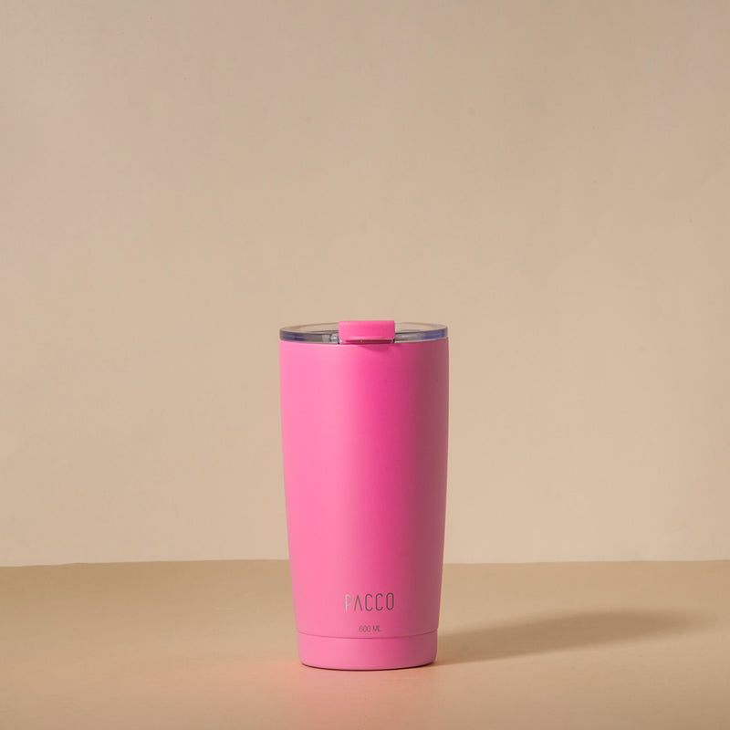 Copo Térmico PACCO ThermoCup 600ml rosa com isolamento a vácuo e design moderno, ideal para manter bebidas quentes ou frias por horas.