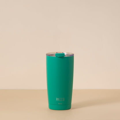 Copo Térmico PACCO ThermoCup 600ml verde com tampa transparente, ideal para manter bebidas quentes ou frias por longos períodos.