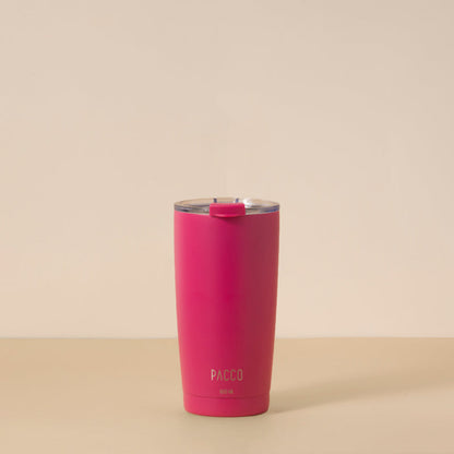 Copo Térmico PACCO ThermoCup 600ml rosa com paredes duplas e isolamento a vácuo para bebidas frias e quentes.