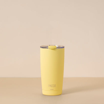 Copo Térmico PACCO ThermoCup 600ml amarelo, com paredes duplas e isolamento a vácuo para retenção térmica avançada de bebidas.