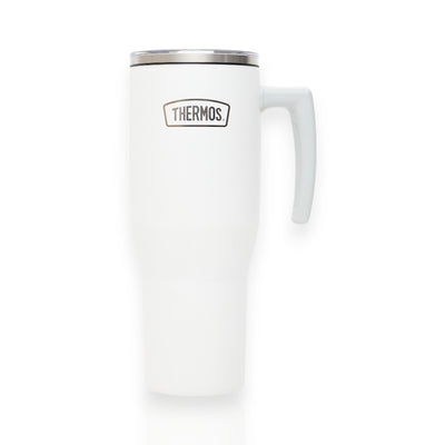 Copo Térmico com canudo Thermos - 1100ml em aço inoxidável branco com isolamento a vácuo para bebidas quentes e frias.