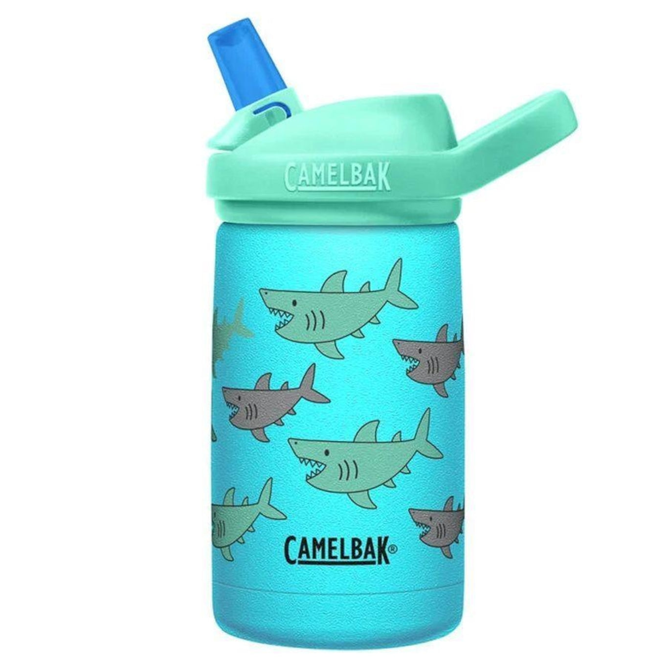 Garrafa térmica Eddy Kids Camelbak - 350ml com estampa de tubarões, sistema anti-engasgamento, livre de BPA. Mantém líquidos frios.