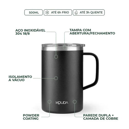 Caneca Térmica Kouda Helga – 500ml em aço inoxidável 18/8, com isolamento a vácuo e resistência térmica de até 8 horas.
