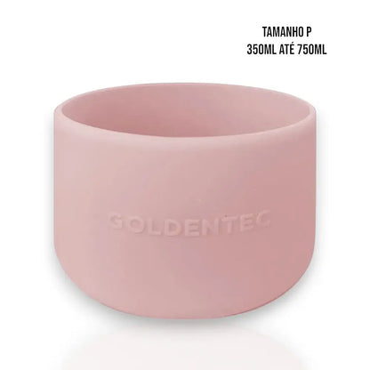 Capa de Silicone Goldentec P em rosa para garrafas de 350ml a 750ml, oferece proteção contra impactos e estabilidade em superfícies.