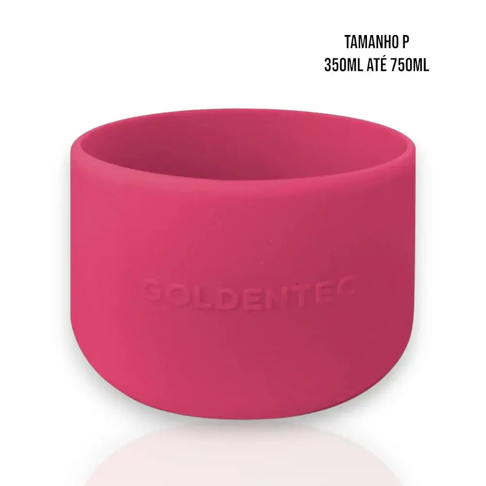 Capa de Silicone Goldentec P rosa para proteger garrafas térmicas de 350ml a 750ml, garantindo segurança contra impactos e arranhões.