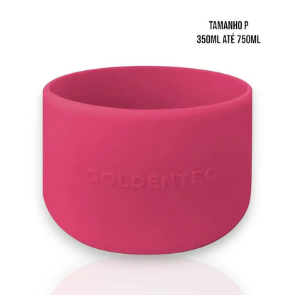 Capa de Silicone Goldentec P rosa para proteger garrafas térmicas de 350ml a 750ml, garantindo segurança contra impactos e arranhões.