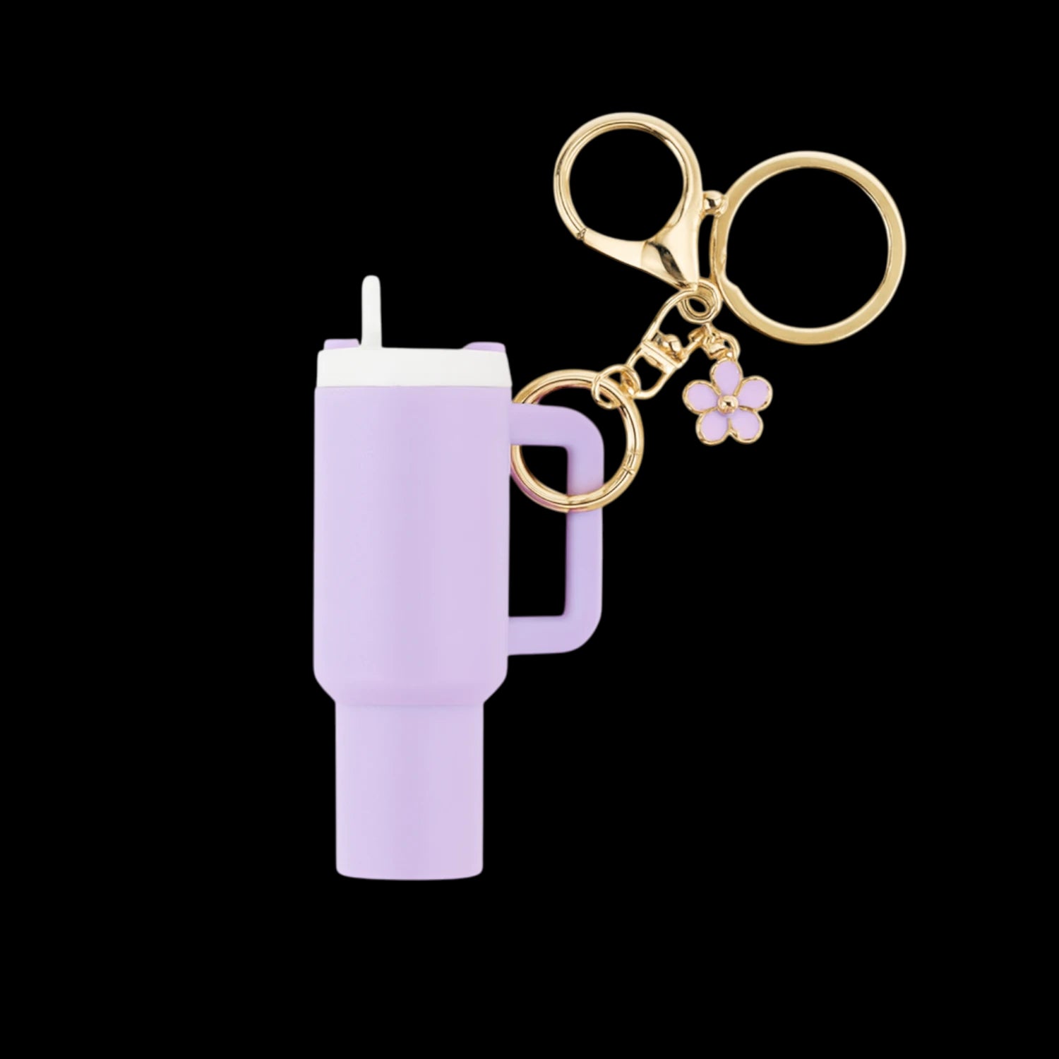 Chaveiro Copo Stanley Quencher roxo com pingente de flor, design único e prático para fãs dos copos Stanley.