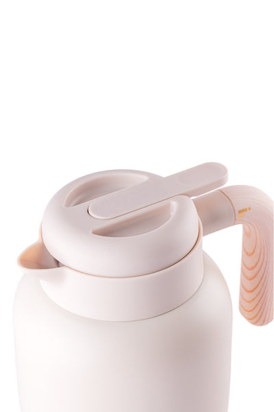 Garrafa de Café Expresso Faster - 1000ml com design branco e alça de madeira, ideal para manter líquidos quentes por até 6 horas.