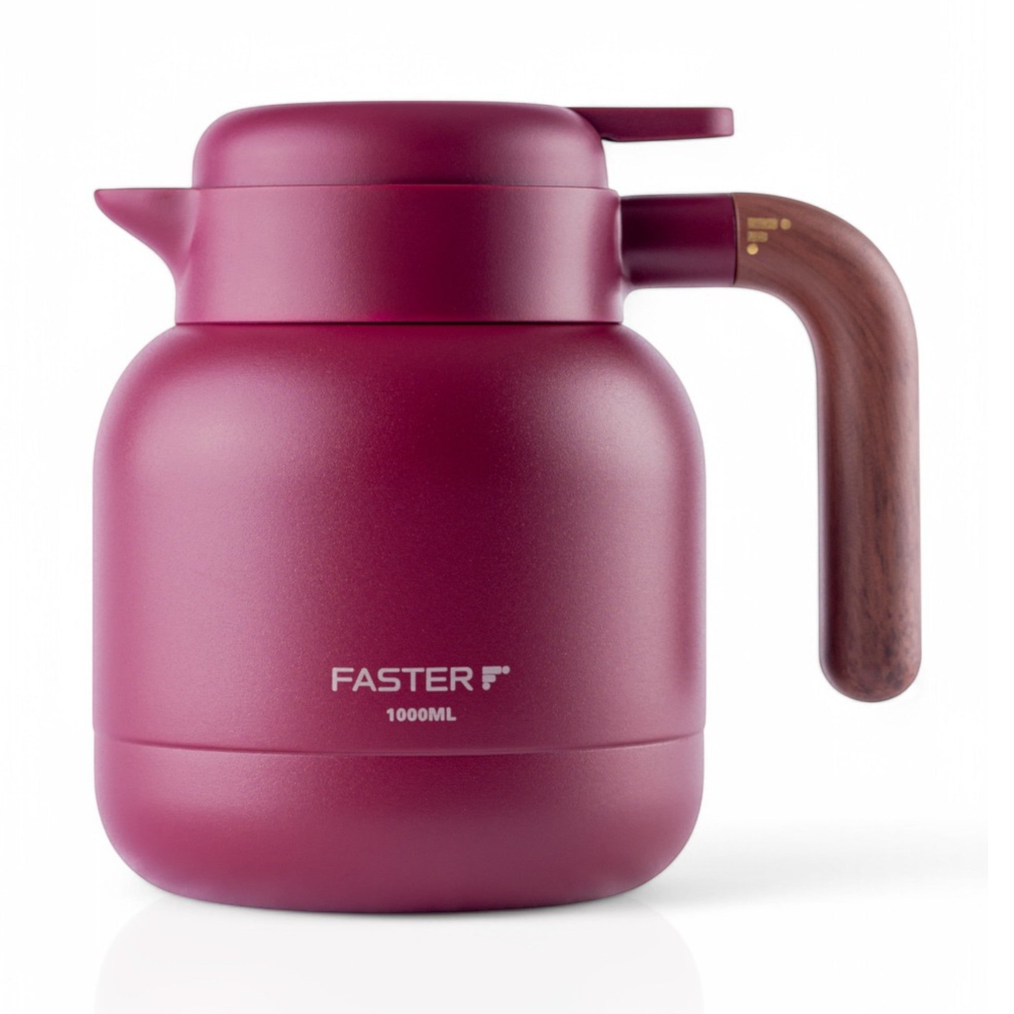 Garrafa de Café Expresso Faster - 1000ml em aço inox, rosa, com alça de madeira. Isolamento a vácuo mantém café quente por horas.