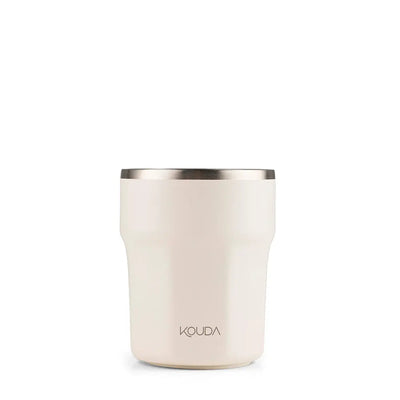 Copo Térmico Kouda Egeu 270ml ideal para café compacto, fácil de transportar, com conservação térmica eficiente, em branco elegante.