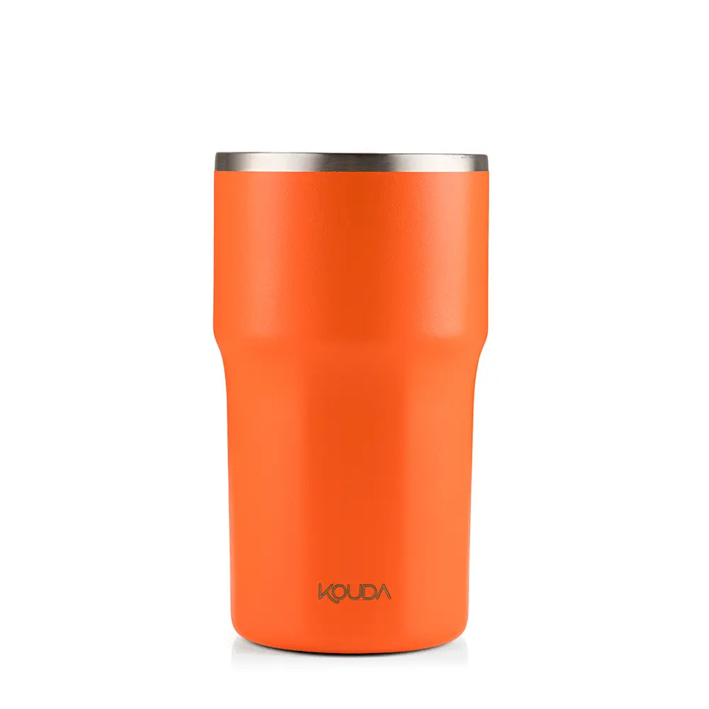 Copo Térmico Kouda Egeu 430ml em laranja, ideal para café ou bebidas frias com design elegante.