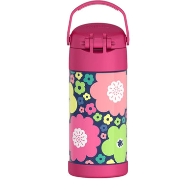 Garrafa Térmica Funtainer Thermos - 355ml com design floral, ideal para manter bebidas geladas por até 12 horas, sem vazamentos.
