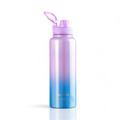 Garrafa Térmica Faster - 1200ml em aço inoxidável com isolamento térmico, design moderno em degradê rosa e azul. Mantém bebidas quentes ou frias.