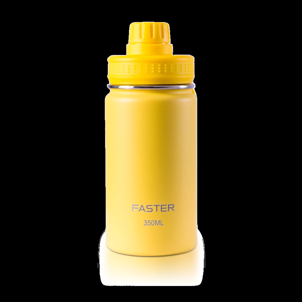 Garrafa Térmica Faster - 350ml amarela, ideal para hidratação diária e inclusão na lancheira das crianças com sabor especial.