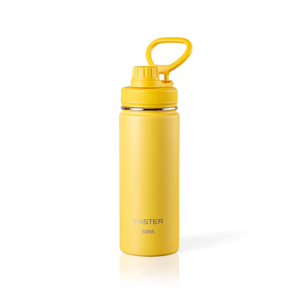 Garrafa Térmica Faster - 500ml em amarelo, ideal para conservar bebidas e sustentável, com design moderno e garantia de 12 meses.