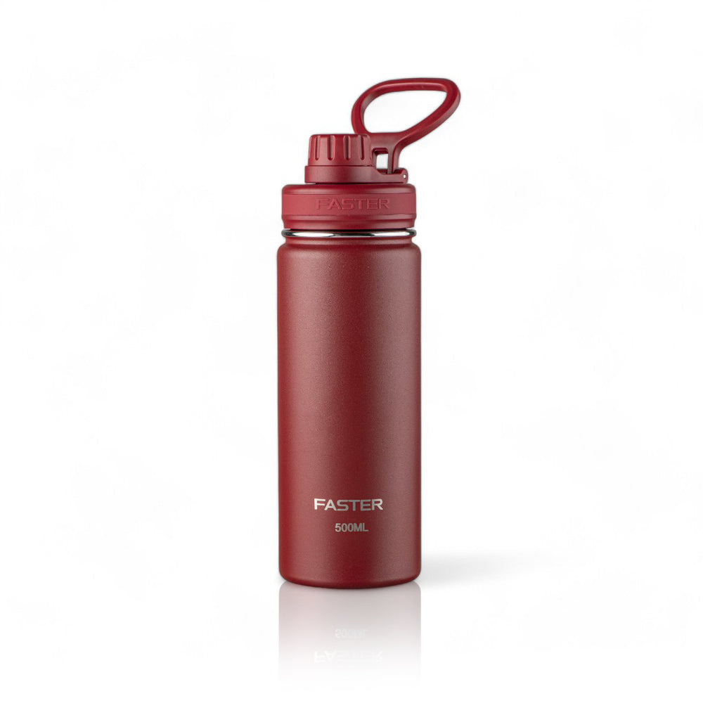 Garrafa Térmica Faster - 500ml em design moderno, cor vermelha, ideal para academia e viagens, com garantia de 12 meses.