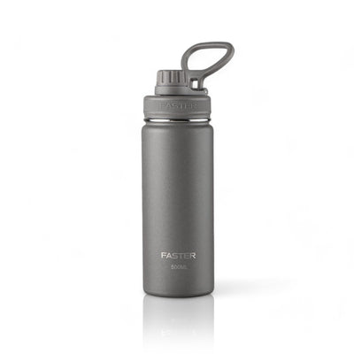 Garrafa Térmica Faster - 500ml cinza, design moderno, ideal para academia e viagens, com garantia de 12 meses. Sustentável e prática.