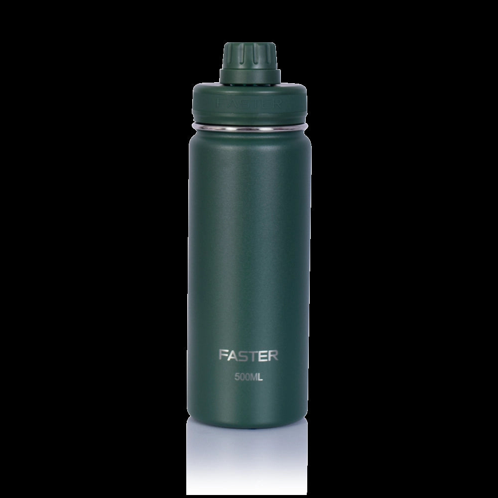 Garrafa Térmica Faster - 500ml em verde escuro, design moderno e portátil, ideal para academia ou viagens, com garantia de 12 meses.