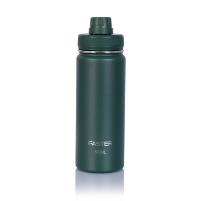 Garrafa Térmica Faster - 500ml em verde escuro, design moderno e portátil, ideal para academia ou viagens, com garantia de 12 meses.