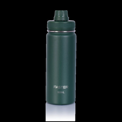 Garrafa Térmica Faster - 500ml em verde escuro, design moderno e portátil, ideal para academia ou viagens, com garantia de 12 meses.