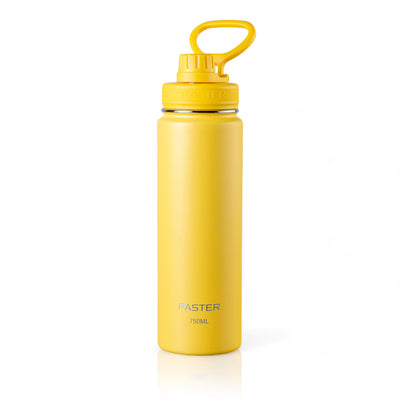 Garrafa Térmica Faster - 750ml amarela com tampa de alça, ideal para manter bebidas quentes por 12h e frias por 24h, design moderno.