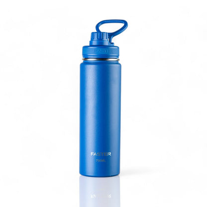 Garrafa Térmica Faster - 750ml em aço inoxidável azul com tampa de rosca, parede dupla e isolamento a vácuo para controle térmico.