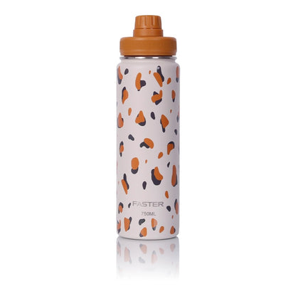 Garrafa Térmica Faster - 750ml com estampa de manchas coloridas e tampa laranja, em inox, para bebidas quentes e frias.