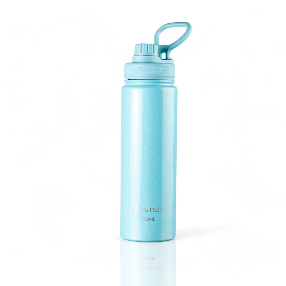 Garrafa Térmica Faster - 750ml em aço inoxidável, azul claro, com tecnologia de isolamento térmico para bebidas quentes e frias.