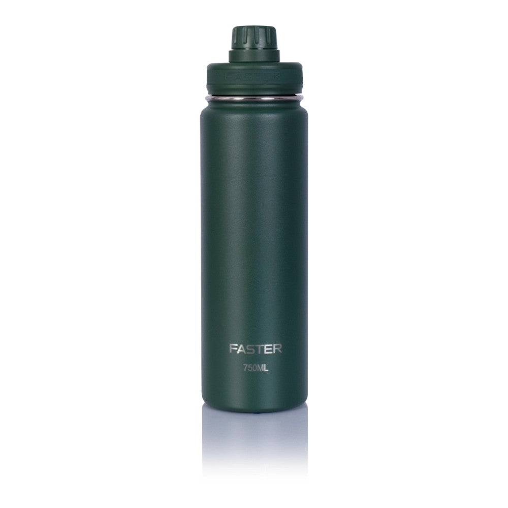 Garrafa Térmica Faster - 750ml verde de aço inoxidável com isolamento térmico, ideal para manter bebidas quentes ou frias.