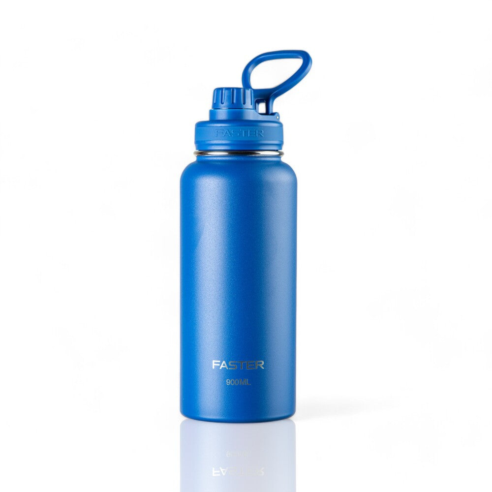 Garrafa Térmica Faster - 900ml azul, mantém bebidas quentes por 12h e frias por 24h, design leve e resistente em aço inoxidável.