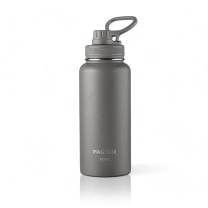 Garrafa Térmica Faster - 900ml cinza em aço inoxidável, leve e compacta, ideal para manter bebidas quentes por 12h e frias por 24h.