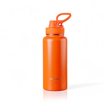 Garrafa Térmica Faster - 900ml laranja, mantém bebidas quentes por 12h e frias por 24h, design leve e compacta, aço inoxidável 18/8.