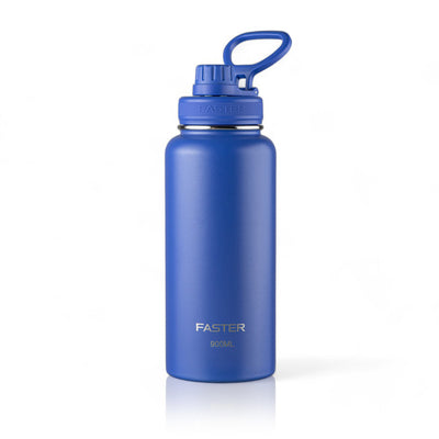 Garrafa Térmica Faster - 900ml azul, mantém bebidas quentes por 12h e frias por 24h, feita em aço inox para alta performance térmica.