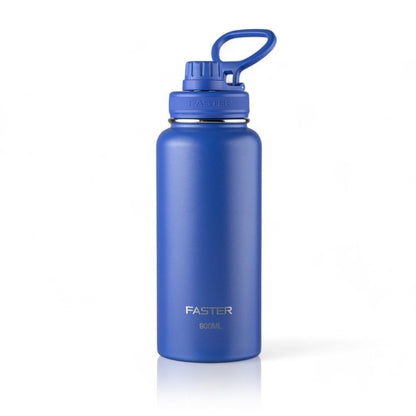 Garrafa Térmica Faster - 900ml azul, mantém bebidas quentes por 12h e frias por 24h, feita em aço inox para alta performance térmica.