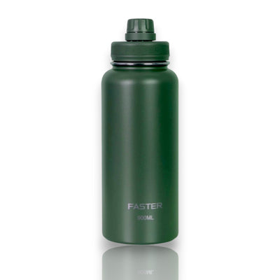 Garrafa Térmica Faster - 900ml verde, mantém líquidos quentes por 12h e frios por 24h, ideal para alta performance térmica e sustentabilidade.