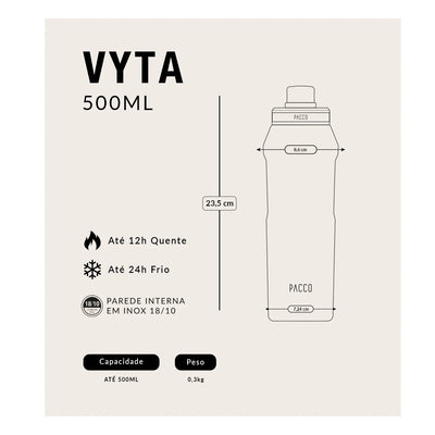 Garrafa Térmica PACCO Vyta 500ml Porcelana de Coalas Ouro Branco, tabela de medidas