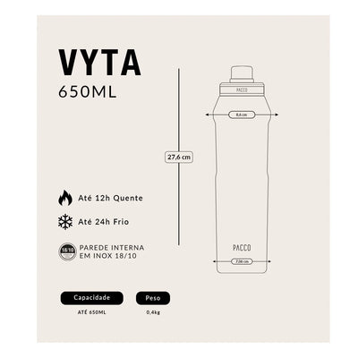 Garrafa Térmica PACCO Vyta 650ml Jardim Azul OURO BRANCO, tabela de medidas
