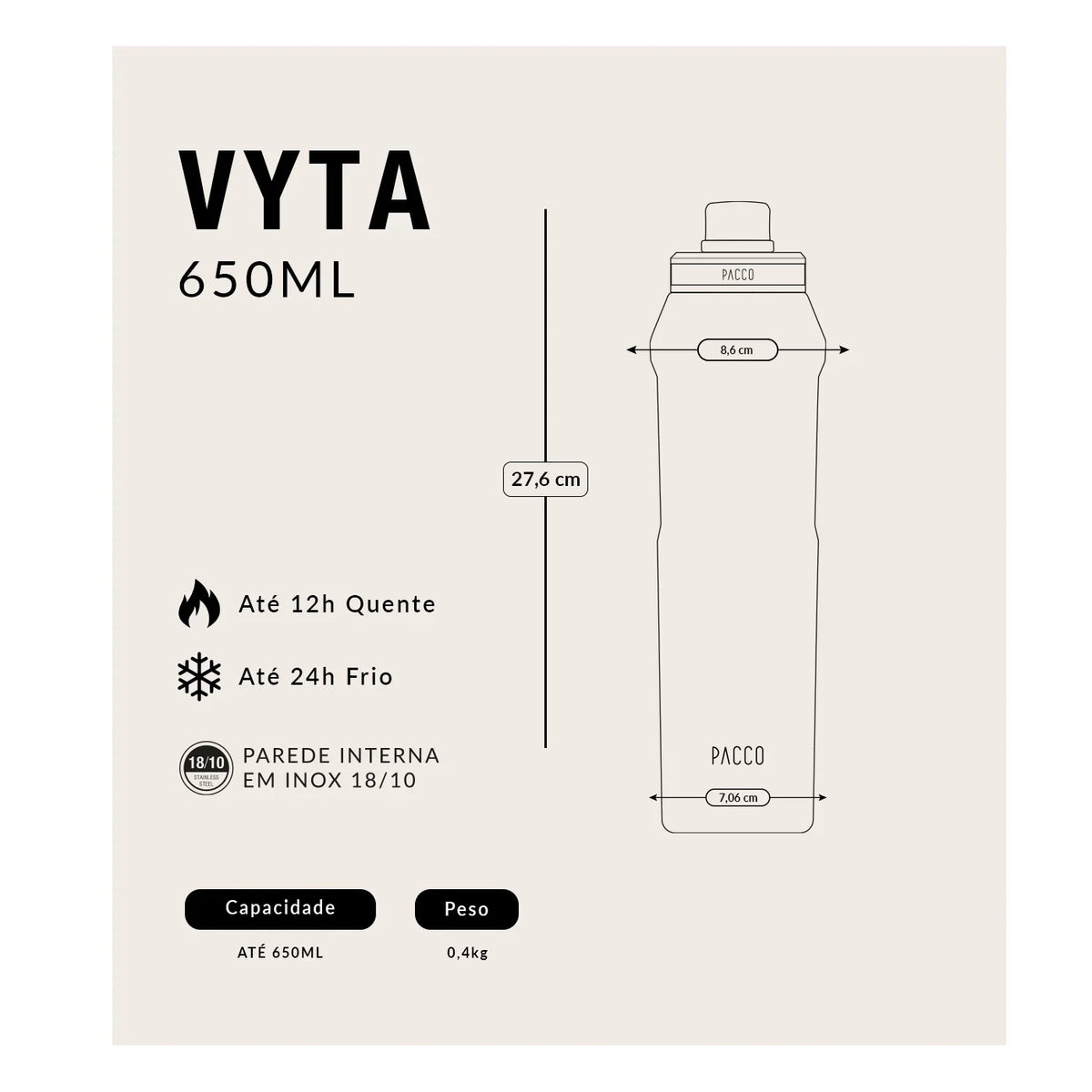Garrafa Térmica PACCO Vyta 650ml Porcelana de Coalas OURO BRANCO, tabela de medidas