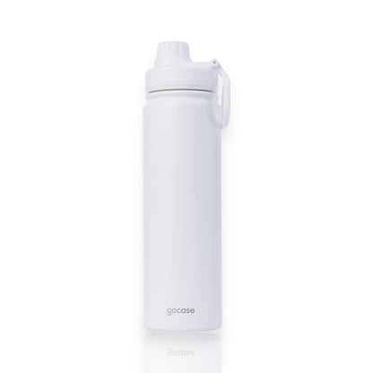 Garrafa Térmica Gocase Fresh - 650ml branca com tampa rosqueável e alça embutida, feita em aço inoxidável com isolamento térmico.