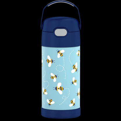 Garrafa Térmica Funtainer Thermos - 355ml com design de abelhas, ideal para bebidas frescas e seguras por até 12h, feita em aço inoxidável.