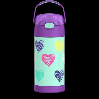 Garrafa Térmica Funtainer Thermos - 355ml com design infantil de corações coloridos, ideal para manter bebidas geladas por 12h.