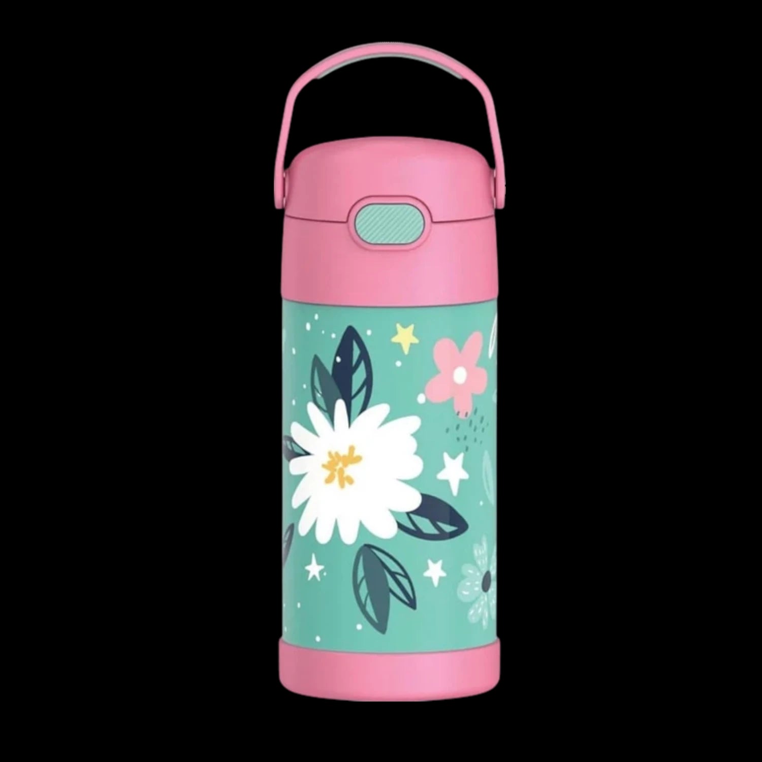 Garrafa Térmica Funtainer Thermos - 355ml com design floral colorido, ideal para manter bebidas geladas por 12 horas, sem vazamentos.